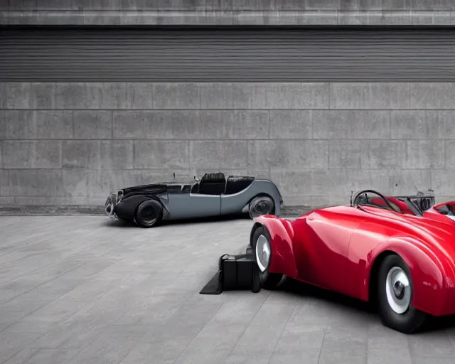 Image similar to a single bugatti type 5 7 and tesla roadster hybrid, dslr, cinematic, photorealistic, hyperdetailed