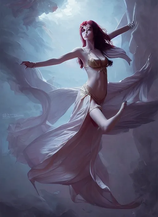 Image similar to desirable vampire girl floating in the air with silk cloth, fantasy, intricate, elegant, highly detailed, digital painting, artstation, concept art, matte, sharp focus, illustration, art by artgerm and greg rutkowski, dreadjim, zeen chin