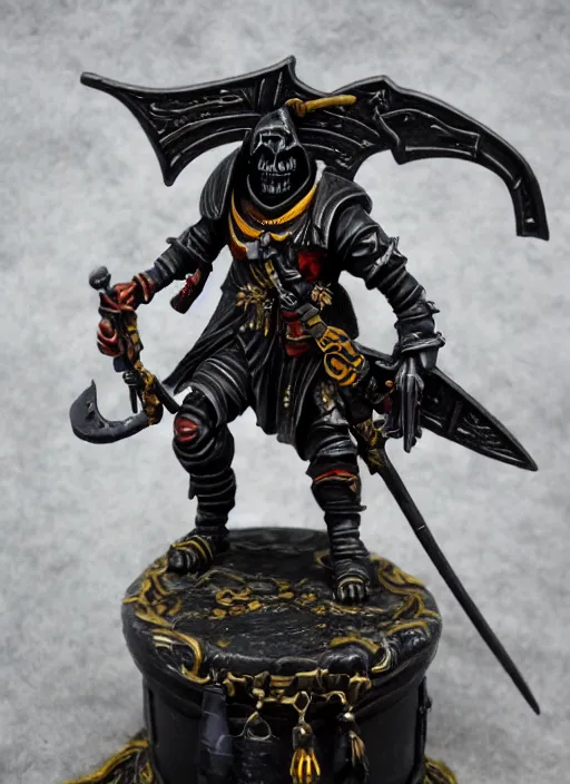 Prompt: 8 0 mm resin detailed miniature of a warhammer 4 0 k grim reaper, riding a black horse, bloody, product introduction photos, 4 k, full body,