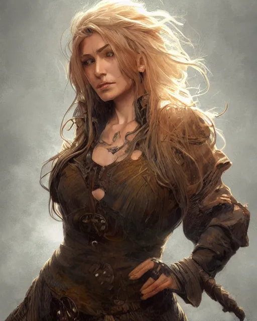 Image similar to close up portrait of a ruggedly female witch, soft hair, half body, leather, d & d, fantasy, intricate, elegant, highly detailed, digital painting, artstation, concept art, smooth, sharp focus, illustration, art by artgerm and greg rutkowski and alphonse mucha