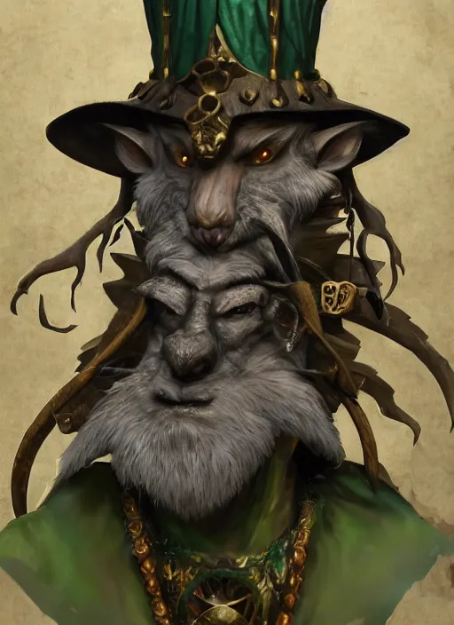 Image similar to a skaven from warhammer with a gray beard, wearing jewelry, tricorne hat, green robe, mean, dark tones, warlock, d & d, digital art, detailed face, highly detailed, trending on artstation, realistic