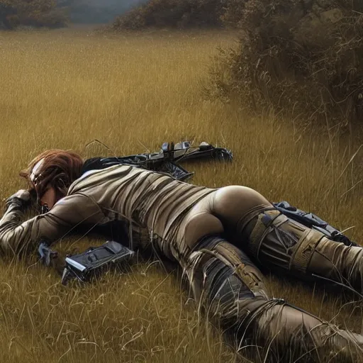 Image similar to metal gear solid snake lying down in an open field, intricate, elegant, highly detailed, centered, digital painting, artstation, concept art, smooth, sharp focus, illustration, artgerm, tomasz alen kopera, peter mohrbacher, donato giancola, joseph christian leyendecker, wlop, boris vallejo