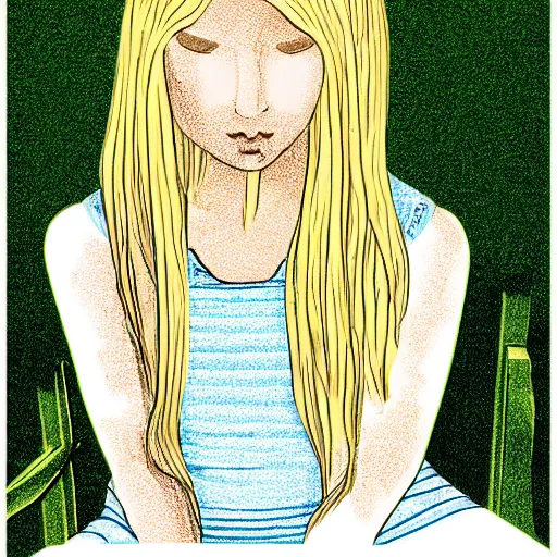 Image similar to an illustration of a young woman with long blond hair sitting on a green bench with her head in her hands, digital art, deviant art