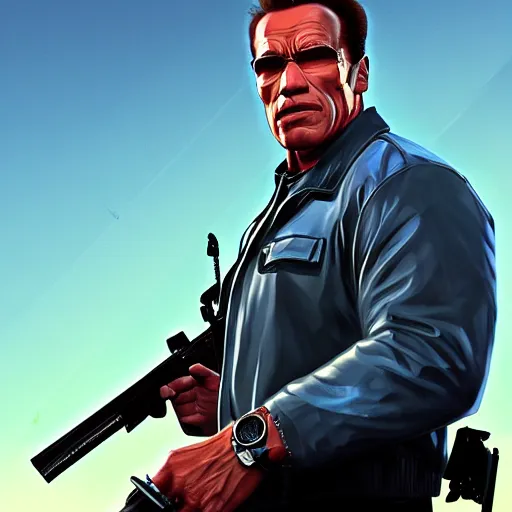 Image similar to Arnold Schwarzenegger in GTA V, cover art by Stephen Bliss, artstation, no text