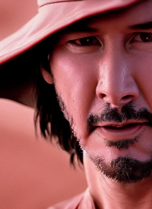 Image similar to close - up keanu reeves as a jedi master, perfect symmetrical face, a red sand desert, moody lighting, 8 k, shallow depth of field, intricate detail,