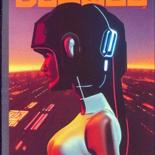 Image similar to cable plugged into cyberdeck, back of head, cyberpunk woman, computer, 1 9 7 9 omni magazine cover, style by vincent di fate, cyberpunk 2 0 2 0