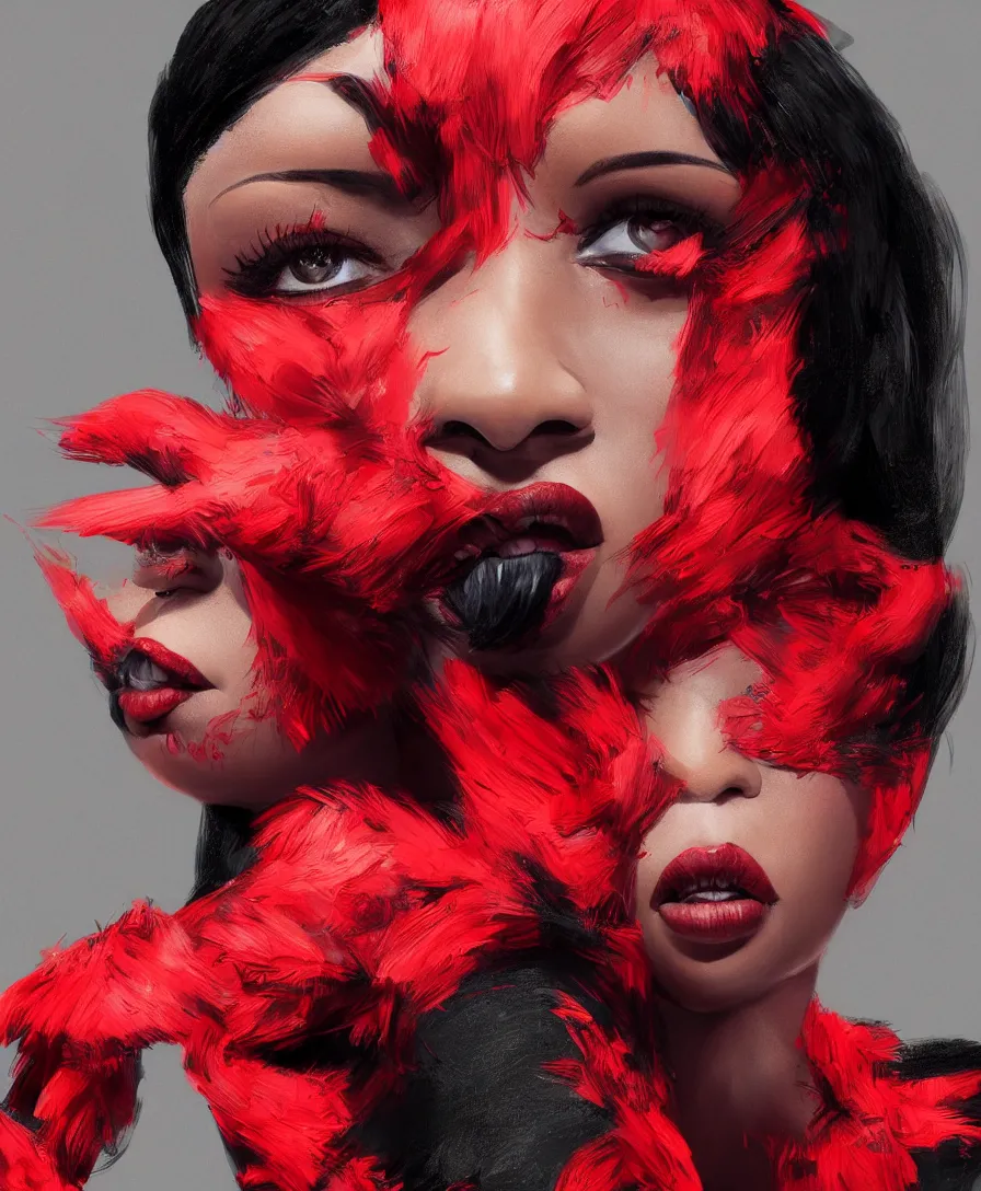 Prompt: hyper realistic cardi b, art by greg rutkowski, intricate, ultra detailed, photorealistic, black and red colors, trending on artstation, octane render, 4 k, 8 k