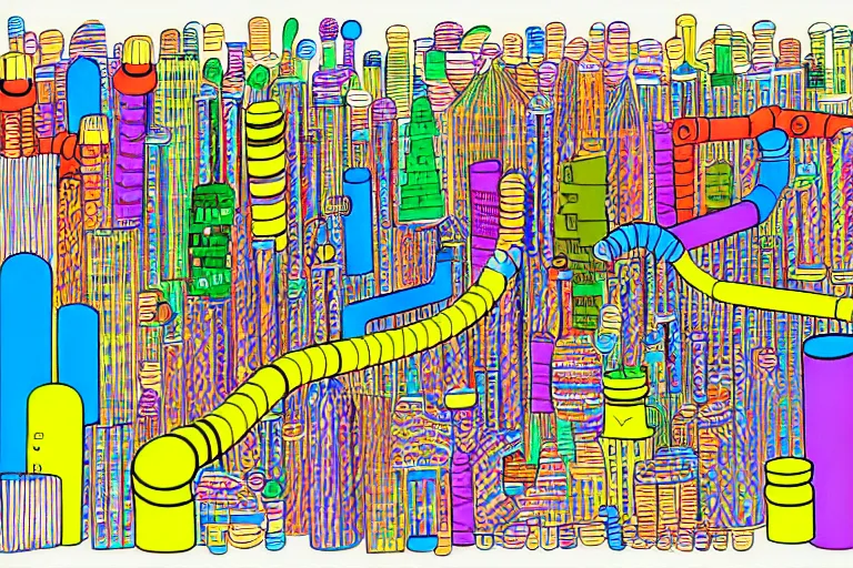 Image similar to an elaborate penned child illustration of a colorful intricate connected city of tubes and pipes, by martin handford and by jan van haasteren