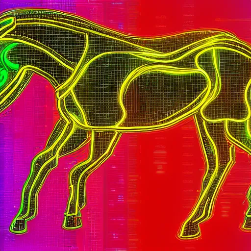 Prompt: digital horse, glowing circuit board patterns along body, retrowave palette, highly detailed, anatomically correct equine, digital art