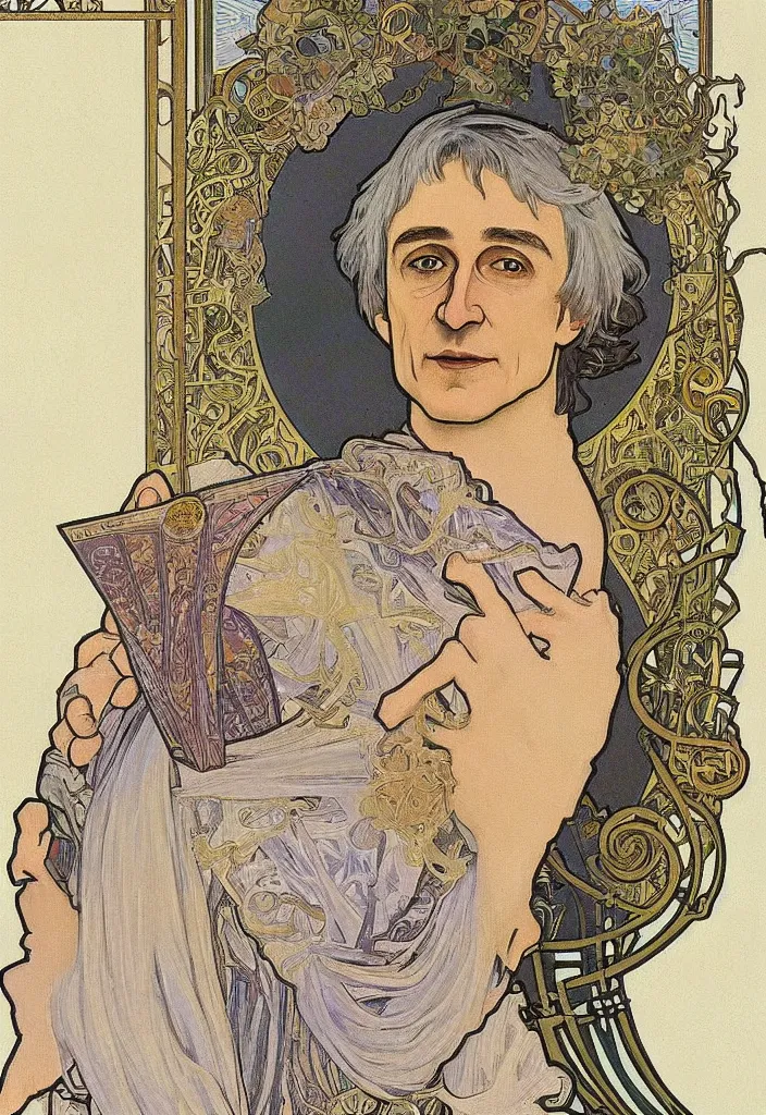 Image similar to realistic white - haired geoffrey hinton in a crown with neural networks on a tarot card, tarot in art style by alphonse mucha