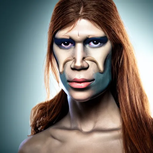 Prompt: portrait photo of a beautiful female cyborg Neanderthal