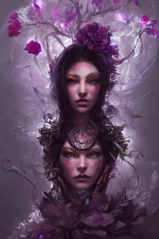 Prompt: face closeup of beautiful girl necromancer, witch - doctor covered with velvet exploding into crystals, angels, 3 d render, hyper realistic detailed portrait, holding magic flowers, ruan jia, wlop. scifi, fantasy, hyper detailed, octane render, concept art, peter mohrbacher