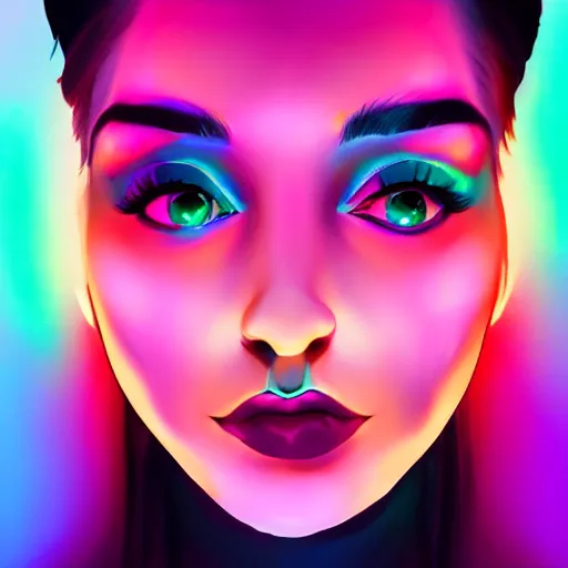 Image similar to portrait of a woman inspired by lois van baarle, iridescent, holographic, neon, glowing, self confidence, light make up