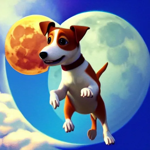 Image similar to cute pixar jack russel terrier, jumping over the smiling moon, concept art, pixar, disney studios, dreamworks animatio, fantasy illustration, artgerm, childrens story book, n