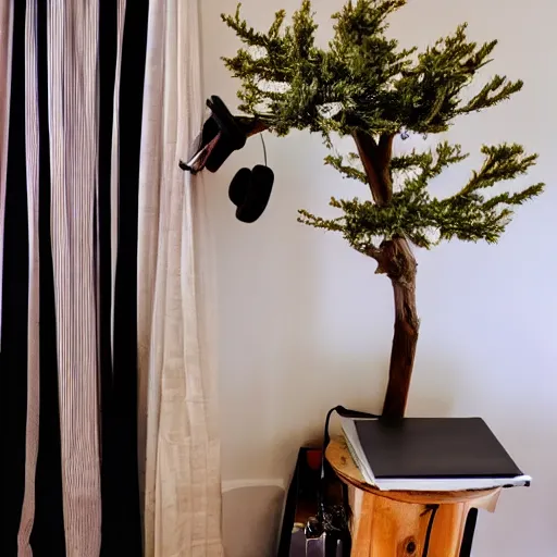 Prompt: headphones and a tree and a lamp and a record and a curtain and a bottle and a cable