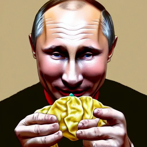 Image similar to happy putin eats dumplings, concept art, trending on artstation, highly detailed, intricate, sharp focus, digital art, 8 k