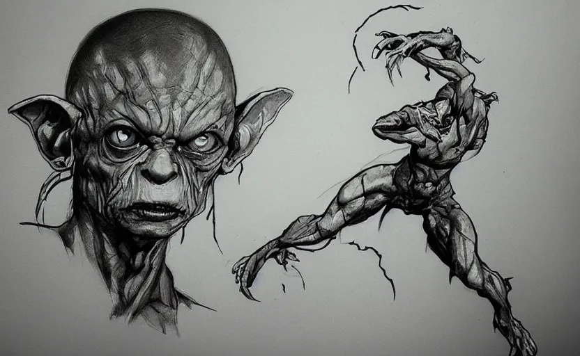 Prompt: yoji shinkawa drawing of gollum