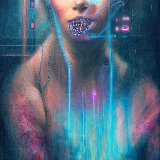 Image similar to painting of a close - up on the face of a cyberpunk girl, into a trance and closed eyes, connected by cables in her head, in the style of agostino arrivabene, renaissance, dark, surrealism, low contrast, blue, red, pink, cyan, sacred geometry, intricate