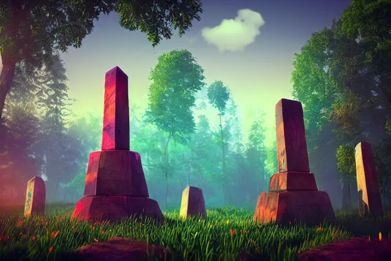 Image similar to super detailed color lowpoly art, overgrown mystical meadow with numerous trees, ancient stone obelisks with subtle glowing runes, unreal engine, retrowave color palette, 3 d render, lowpoly, colorful, digital art, perspective