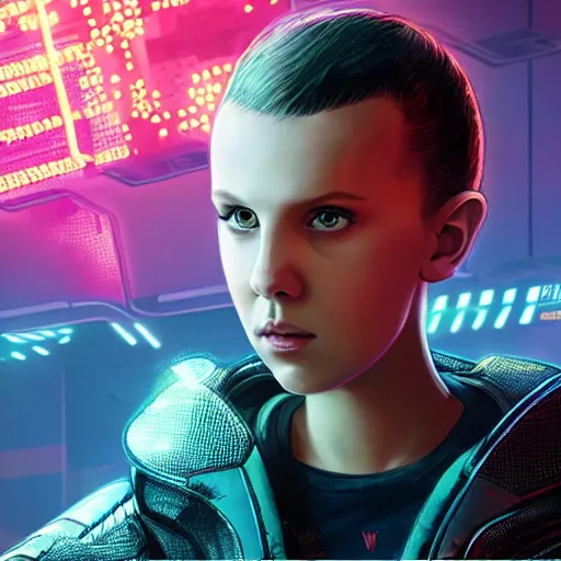 Image similar to Millie Bobby Brown in Cyberpunk 2077 by RossDraws
