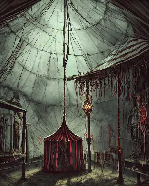 Image similar to the little circus of horrors, circus tent outside, creepy, hyper realistic, ambient lighting, horror art, intricate, hyper detailed, smooth