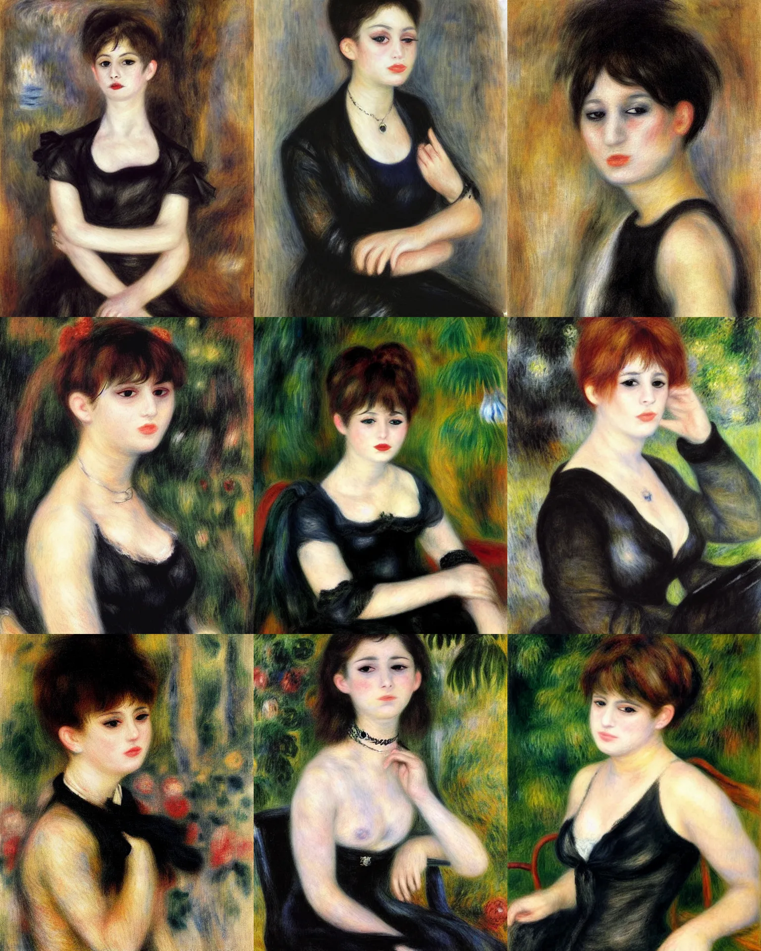 Prompt: A goth portrait painted by Pierre-Auguste Renoir. Her hair is dark brown and cut into a short, messy pixie cut. She has a slightly rounded face, with a pointed chin, large entirely-black eyes, and a small nose. She is wearing a black tank top, a black leather jacket, a black knee-length skirt, a black choker, and black leather boots.