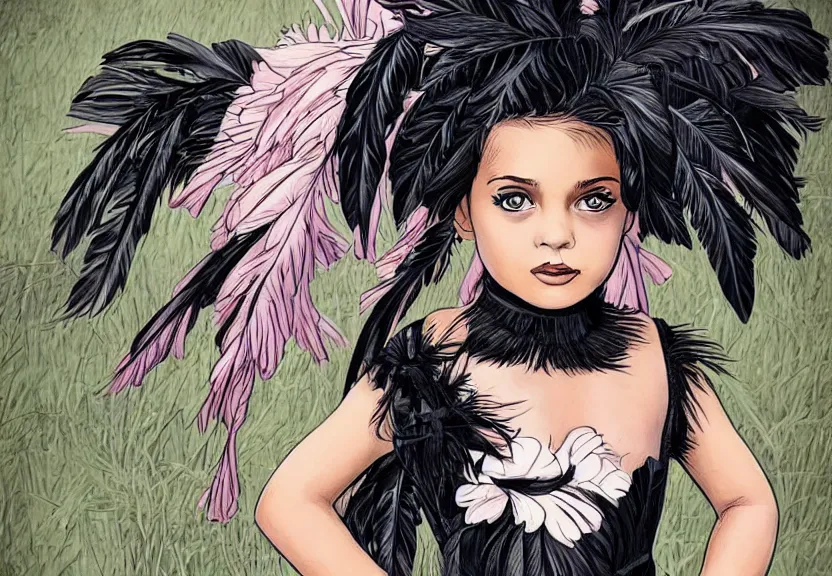 Prompt: beautiful little girl with a short black haircut wearing a dress made of black feathers, artwork in western comic art style, anatomically perfect