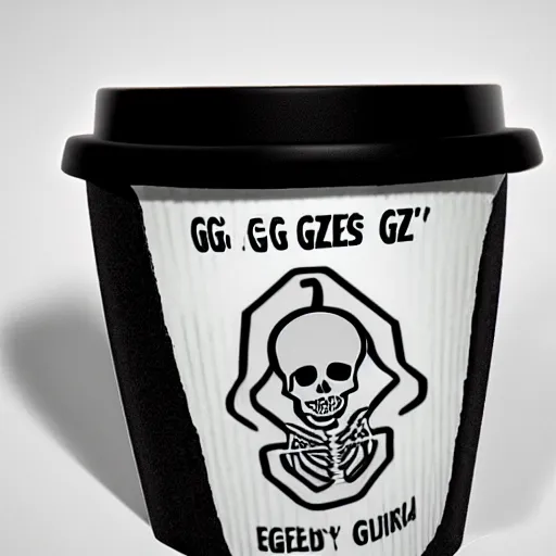 Image similar to a cup with a skeleton saying'gg ez '!!! on it,'gg ez '!!! text on the cup