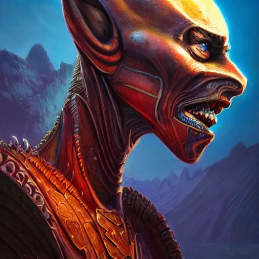 Image similar to bright, colorful, realistic, detailed from Elder Scrolls: shivering isles concept art Geiger and Beksiński alien portrait backlighting, kodachrome, high contrast, highly detailed, sharp focus, digital painting, concept art, illustration, trending on artstation, comic book by Alex Ross and Adam Adamowicz cover art