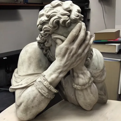 Image similar to photo of a intricately detailed marble statue of david facepalming with a laptop on his lab, because of his slow internet by leonardo davinci