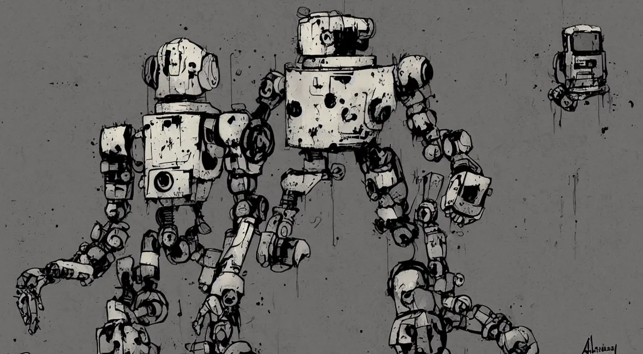 Prompt: grunge robot with decals by ashley wood