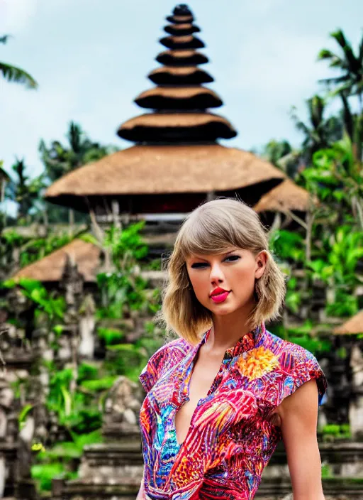 Prompt: taylor swift wearing batik bali in bali. temple background. front view. instagram holiday photo shoot, perfect faces, corrected faces, 5 0 mm, award winning photography