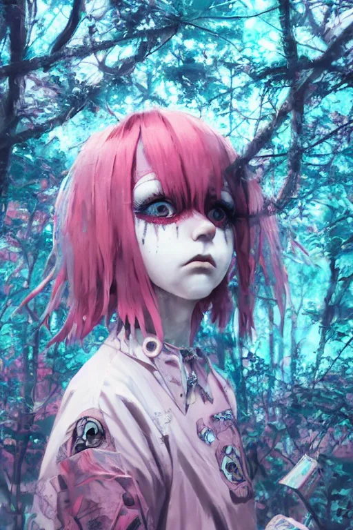 Image similar to by kyoto animation, very creepy clown girl pink hair, tears from the eyes, wearing cyberpunk intricate streetwear, beautiful, detailed portrait, intricate complexity, ilya kuvshinov, cell shaded, 4 k, concept art, by wlop, ilya kuvshinov, greg rutkowski, sharp focus, volumetric lighting, cinematic lighting