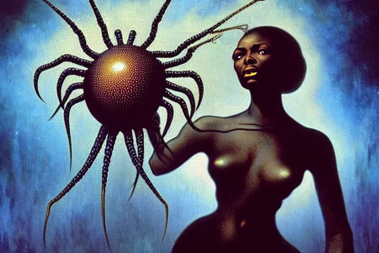 Image similar to realistic detailed closeup portrait movie shot of a beautiful black woman dancing with a giant spider, futuristic sci fi landscape background by denis villeneuve, jean deville, amano, yves tanguy, ernst haeckel, alphonse mucha, max ernst, caravaggio, roger dean, sci - fi necklace, fashion, masterpiece, rich moody colours