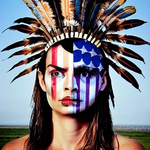 Image similar to a beautiful portrait sculpture designed by Sandra Chevrier, american indian headdress, American stars and stripes on face, by Annie Leibovitz