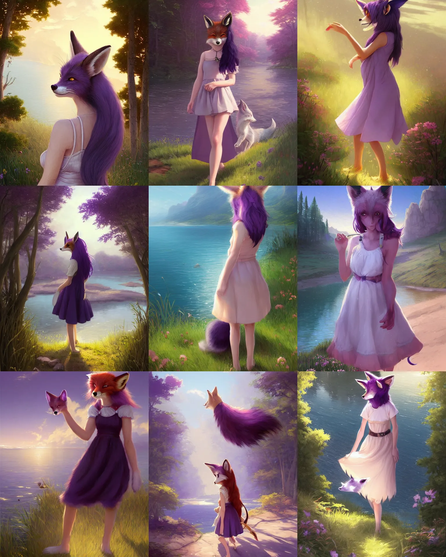 Prompt: a girl with fox ears and purple hair wearing a simple sundress, this fox girl has a pronounced snout and two pointed black ears, beautiful lake background, illustration by greg rutkowski, thomas kindkade, artstation, furaffinity, deviantart, furry art