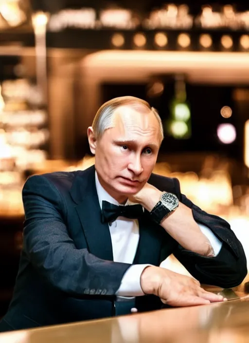 Image similar to a professional photo of person looking like vladimir putin sitting on bar, hand on table, rolex watches, taken in night club, blur background