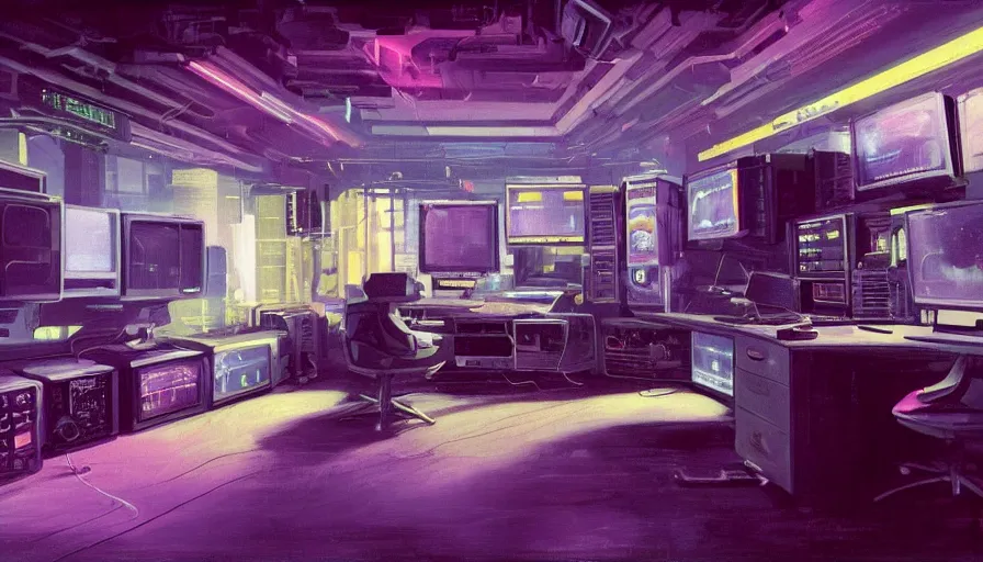 Prompt: a rendering of a detailed interior of a cyberpunk bedroom with computers and cables, soft neon lighting, metallic surfaces, sci-fi concept art, by Syd Mead, oil on canvas