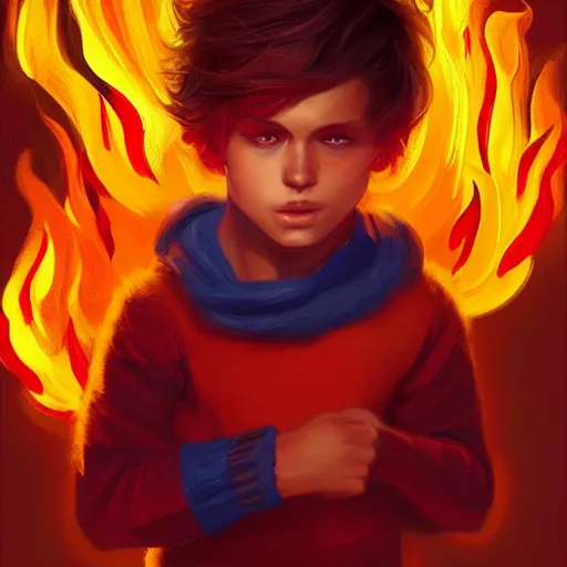 Prompt: colorful and festive captivating young child boy, brown fluffy hair, wearing red and yellow clothes, shooting a fire ball out of his fist. rich vivid colors, ambient lighting, dynamic lighting, 4 k, atmospheric lighting, painted, intricate, highly detailed by charlie bowater