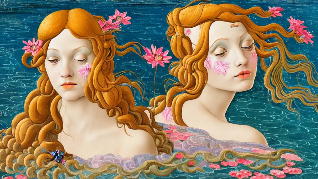 Image similar to prompt: beautiful girl in lake with light up face painted in Botticelli style, nymph in the water, small flowers around and on the side, intricate oil painting, high detail, Neo-expressionism, post-modern gouache marks on the side, gnarly details