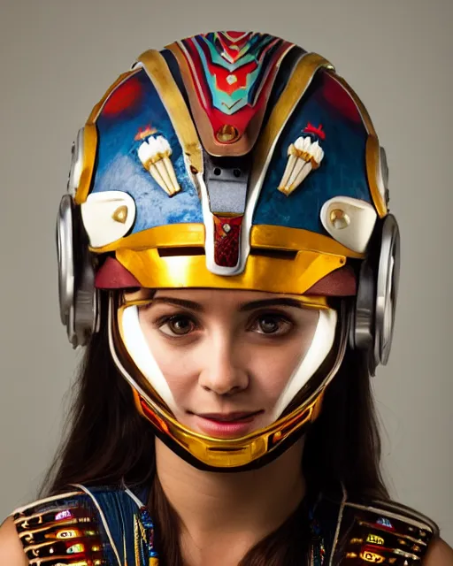 Image similar to centered medium shot fine studio photograph of a beautiful girl wearing only a mecha electronic native American indian helmet with bright lights, ultra-realistic, white background, 8k HDR sunset lit, intricate