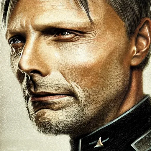 Prompt: portrait of Mads Mikkelsen wearing his starfleet captains uniform, realistic character concept, high fantasy, light atmosphere, golden ratio, cinematic lighting, hyperdetailed, high resolution, insanely detailed and intricate, artstation, Marc Simonetti, Greg Rutkowski