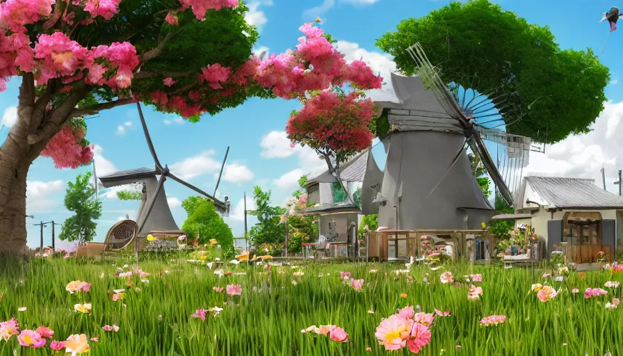 Prompt: ghibli style of a cute milk tea pub in the middle of grass ， colorful flowers ， big windmills ， sky and clouds ， unreal engine, hyper realism, realistic shading, cinematic composition, realistic render, octane render, detailed textures, photorealistic, wide shot