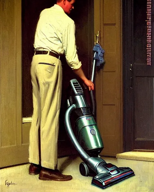 Image similar to handsome man selling vacuum cleaners door to door in a suburban neighborhood 1 9 3 2, melancholy, nostalgia, painting by gaston bussiere, craig mullins, j. c. leyendecker