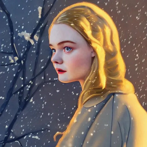 Prompt: Elle Fanning, head and shoulders masterpiece, in the snow, golden hour, in a garden, artstation, in the style of Art Deco and Fernando Botera and Bosch, extremely detailed