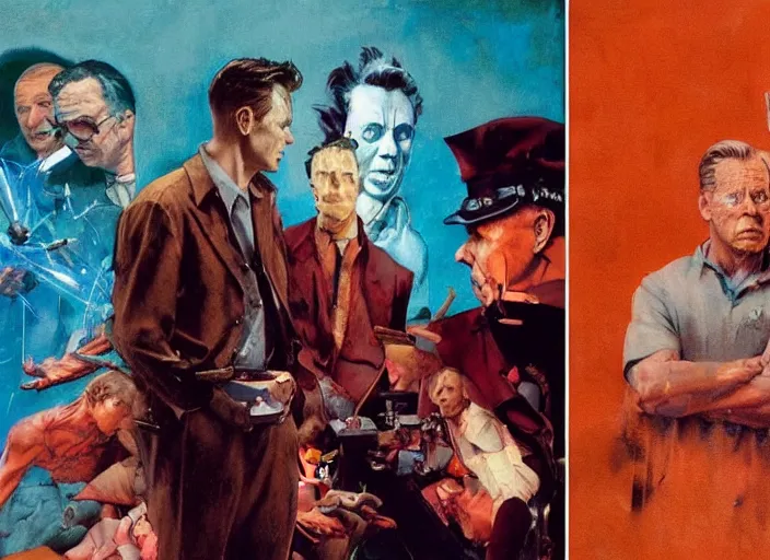 Image similar to a still from the movie avengers : endgame by of francis bacon and norman rockwell and james jean, a still from the movie the shawshank redemption, still from the movie pulp fiction, triadic color scheme, by greg rutkowski, syd mead and edward hopper and norman rockwell and beksinski, dark surrealism, orange and turquoise