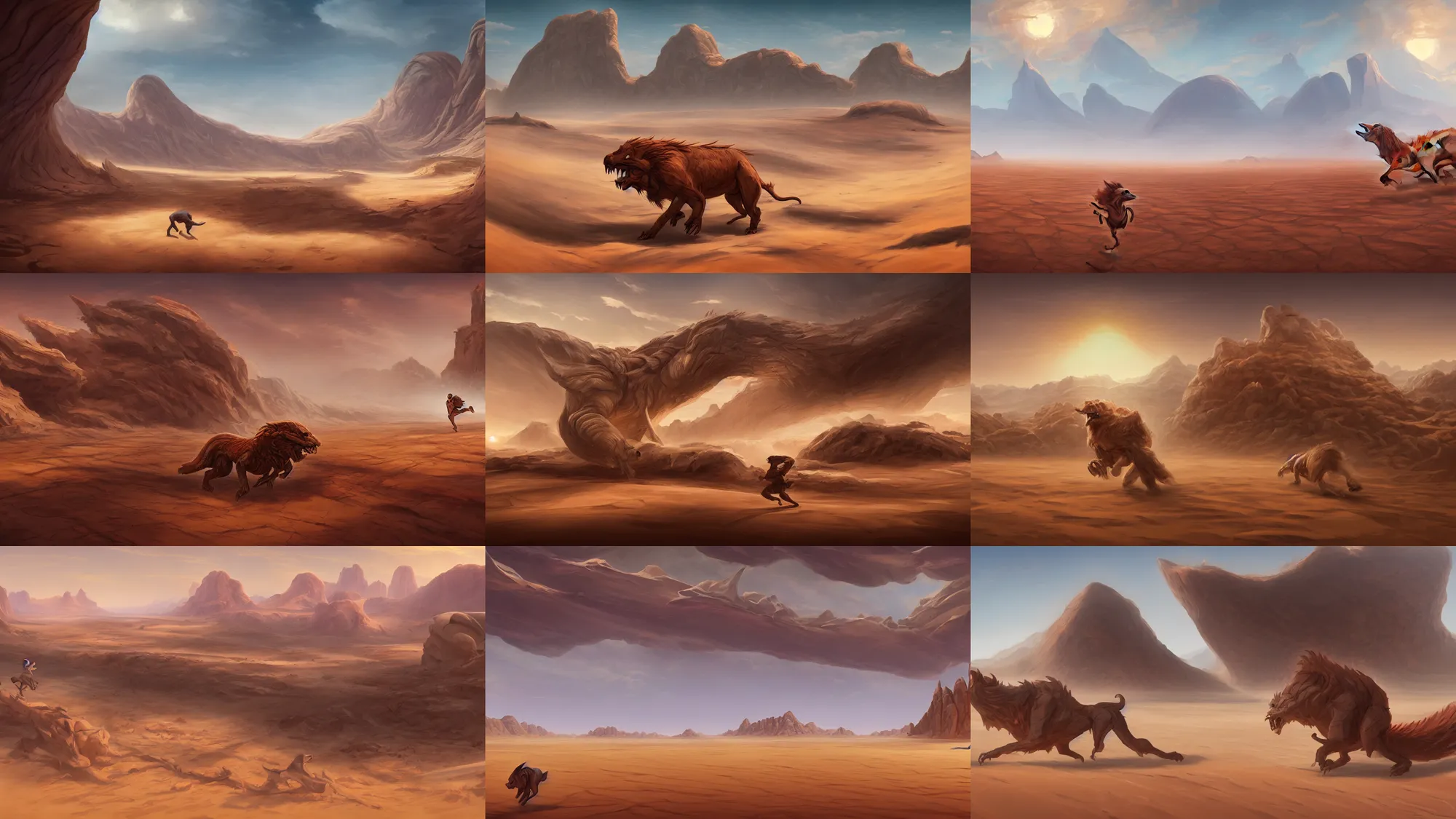 Prompt: hungry beast running across the open desert, empty desert, sand, karst landscape, wide shot, concept art by noah bradley