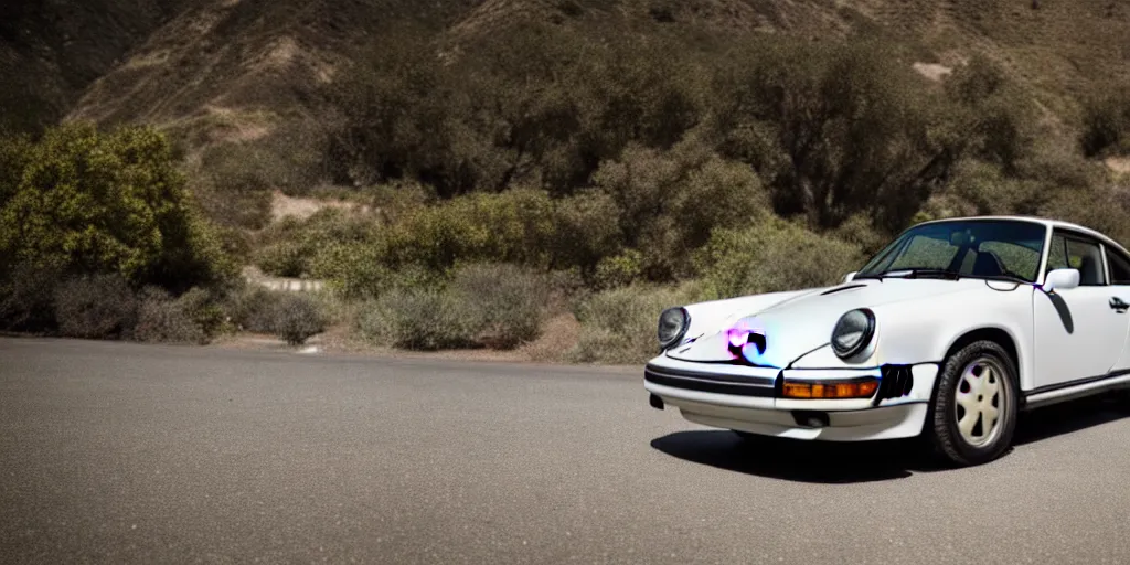 Image similar to photograph, debadged, 1989 PORSCHE 911, RSR, by Pete Biro, Michael Simari, press release, cinematic, malibu canyon, 8k, depth of field, bokeh. debadged ,