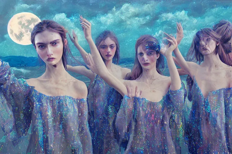 Image similar to 3 d, close - up, group of fashion models standing in a night lake with their hands raised to the bright moon, moon ryas, intricate oil painting, high detail, figurative art, multiple exposure, poster art, 3 d, by tooth wu and wlop and beeple