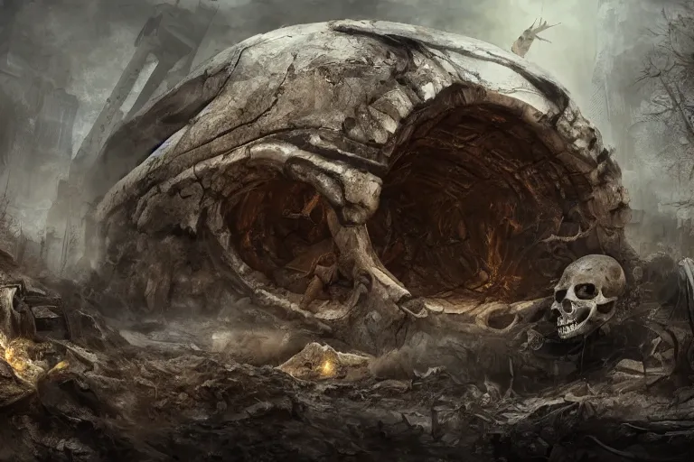 Image similar to a giant skull being unearthed in an excavation site, digital painting, mixed media, trending on artstation and deviantart, epic composition, magnum opus, highly detailed, 8 k